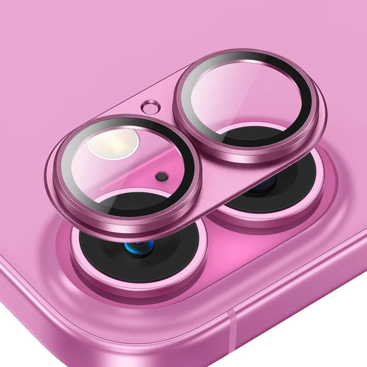 Impact-resistant tempered glass lens protector for iPhone, featuring a stylish metal frame and bonus offer.