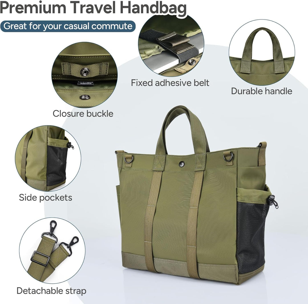 Detail of the MetroCarry tote bag's adjustable strap and secure zipper closure for laptops and essentials.