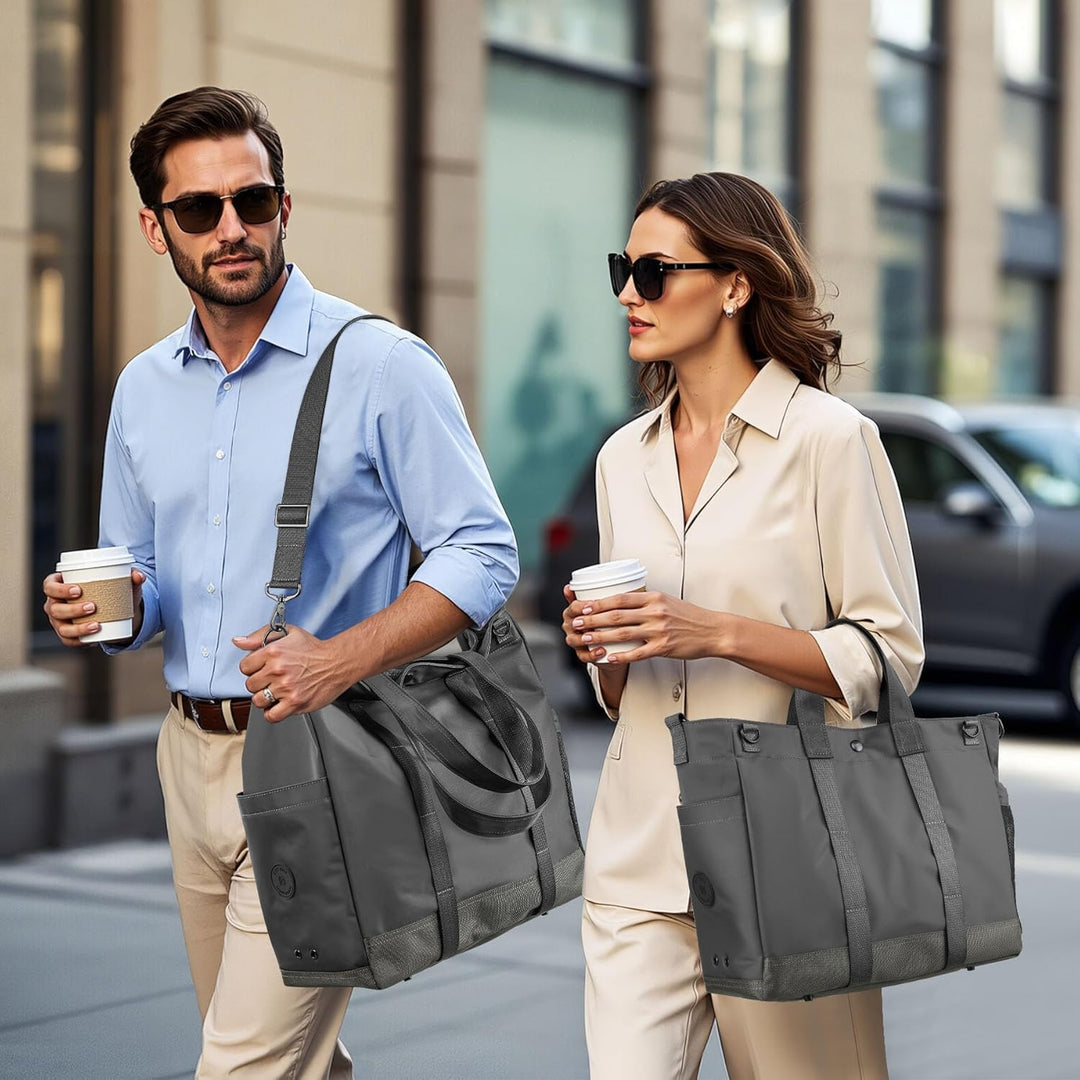 MetroCarry nylon laptop tote bag in black, with premium material and robust compartments for tech and documents.
