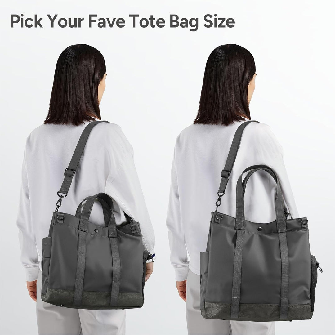 MetroCarry Multi-Compartment Laptop Tote Bag with adjustable shoulder strap, shown with space for a laptop.