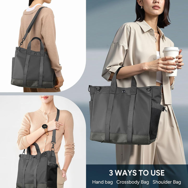Close-up of the MetroCarry laptop tote bag's multi-compartment interior, highlighting organizational features.