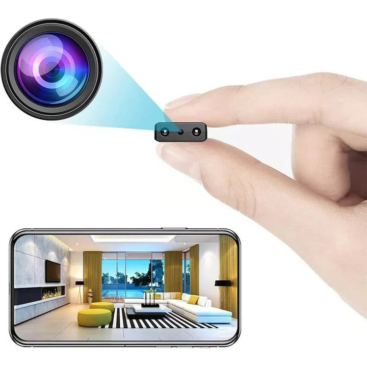 Tiny WiFi security camera offers HD video streaming, motion detection, and night vision for indoor use.