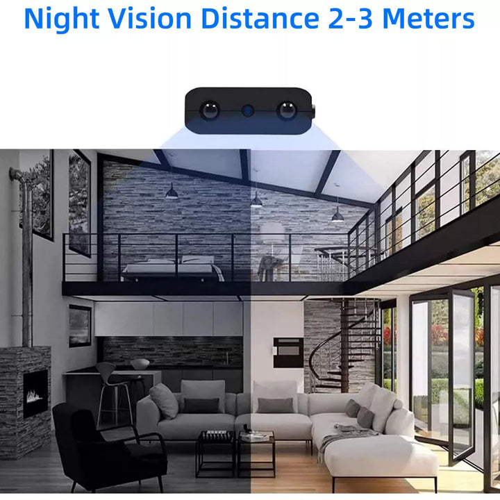 Small indoor camera with WiFi, HD video, motion detection, and night vision for 24/7 security.