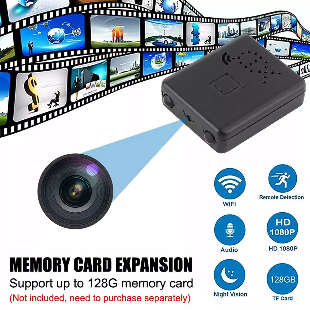 Micro HD WiFi camera provides clear HD video and audio, motion detection for discreet home security.