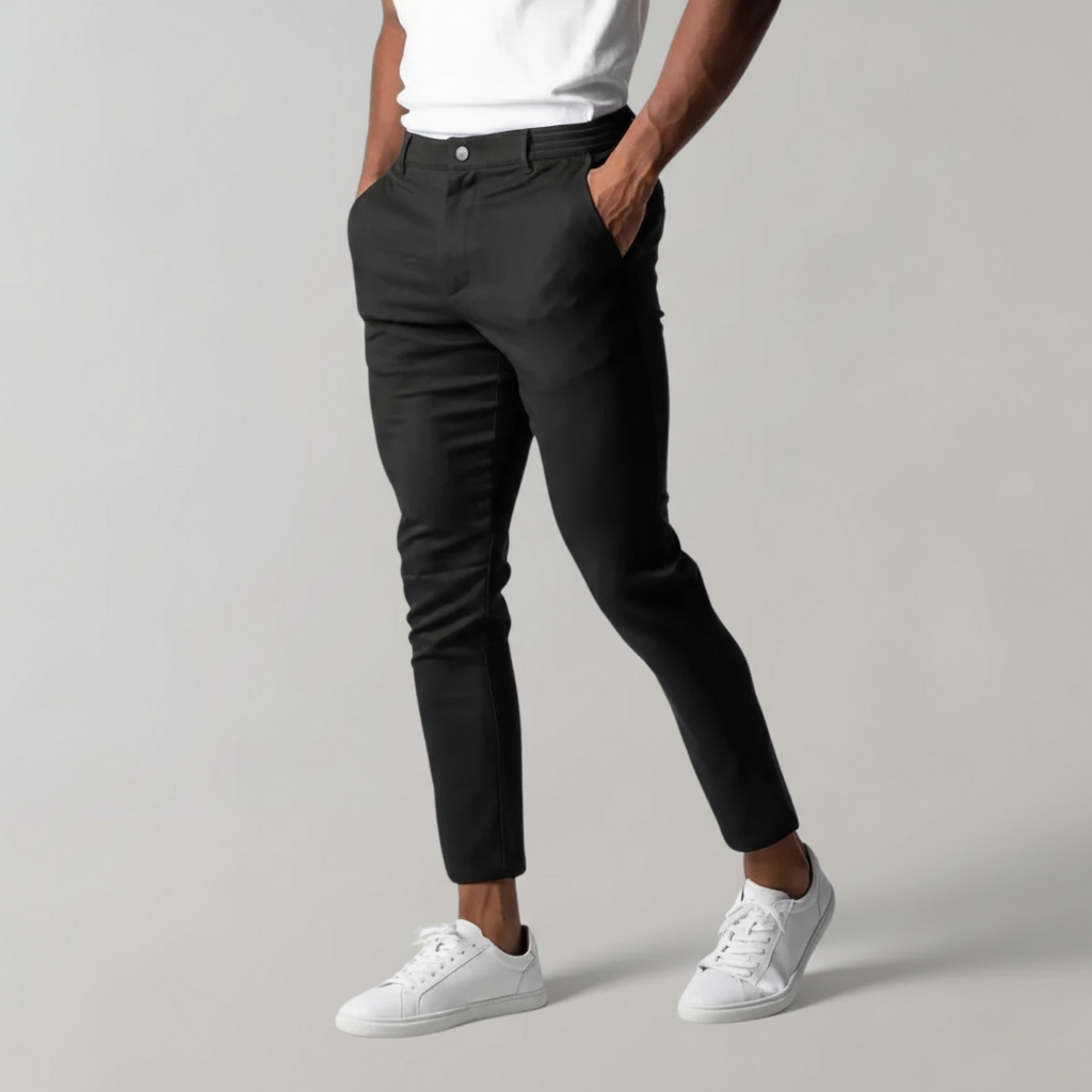 Close-up of Mika Men's chino trousers showing comfortable cotton fabric and neat stitching detail