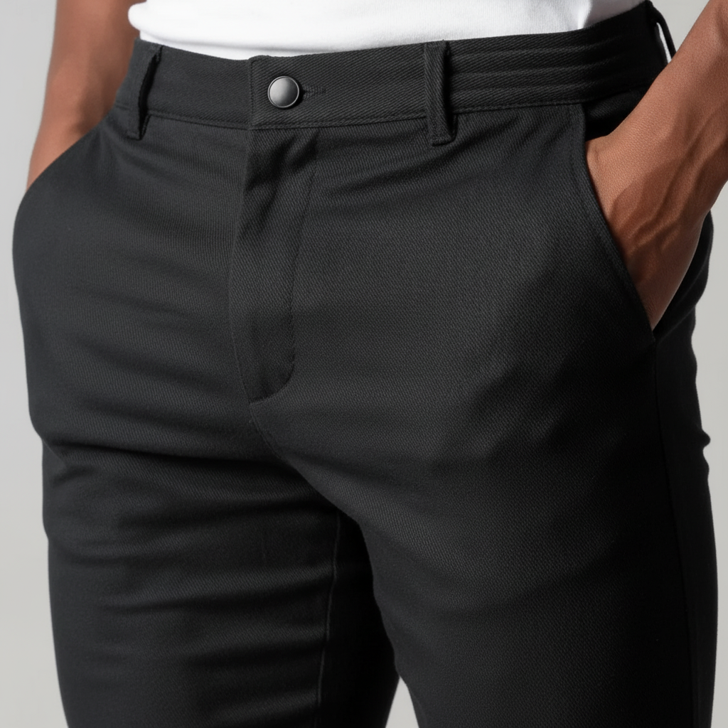 Man modeling Mika Men's chino trousers, demonstrating comfortable versatile fit for everyday fashion