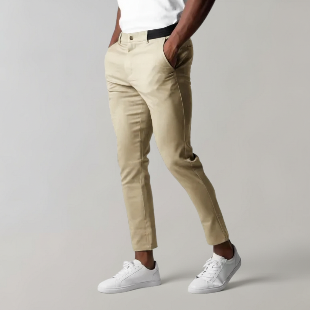 Stylish Mika Men's chino trousers styled with a shirt, showcasing a smart casual menswear look