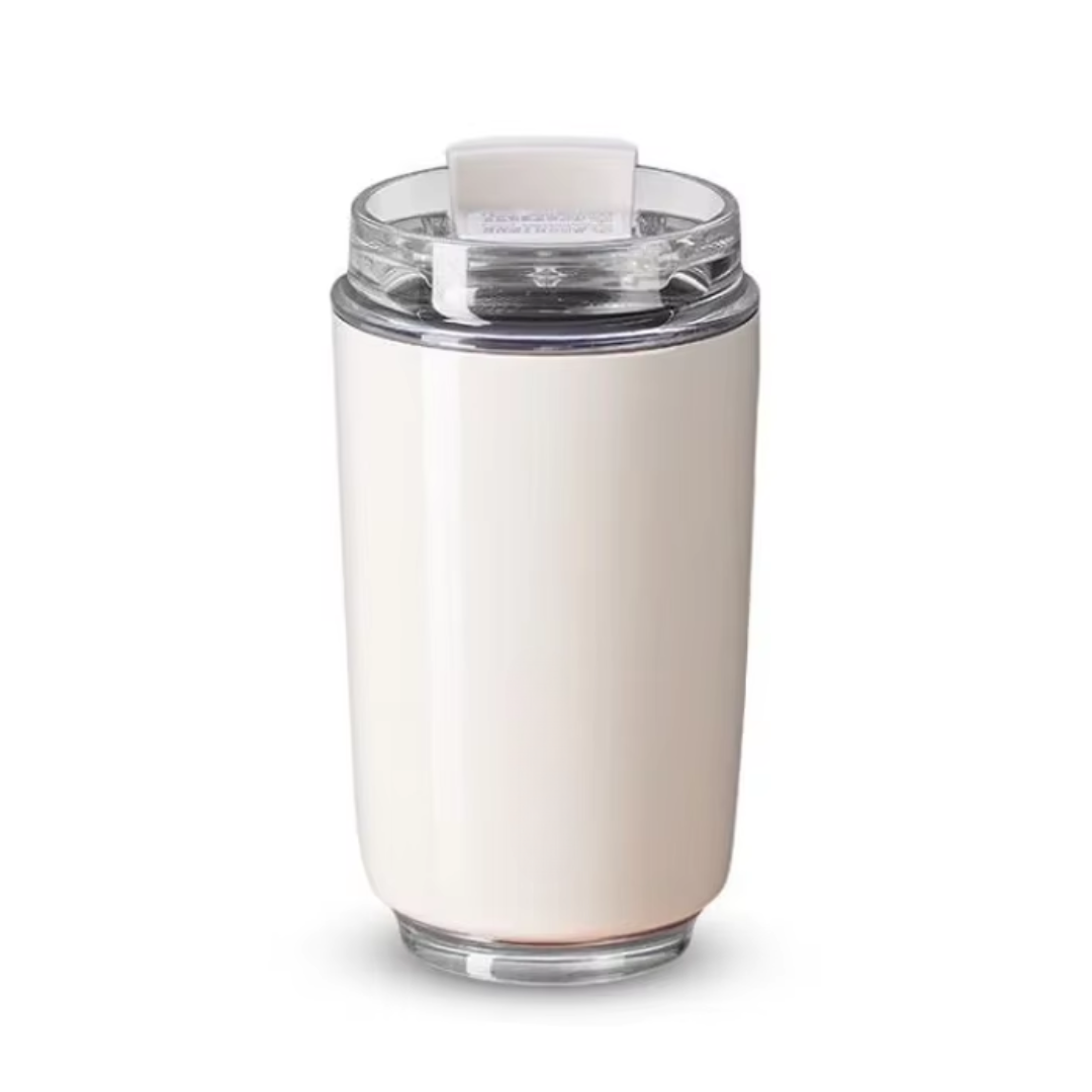 Milk white stainless steel insulating travel mug, perfect for hot coffee, tea, or cold drinks on the go.