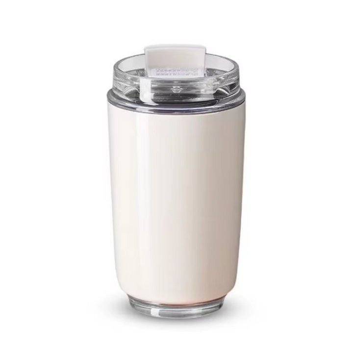 Milk white stainless steel insulating travel mug, perfect for hot coffee, tea, or cold drinks on the go.