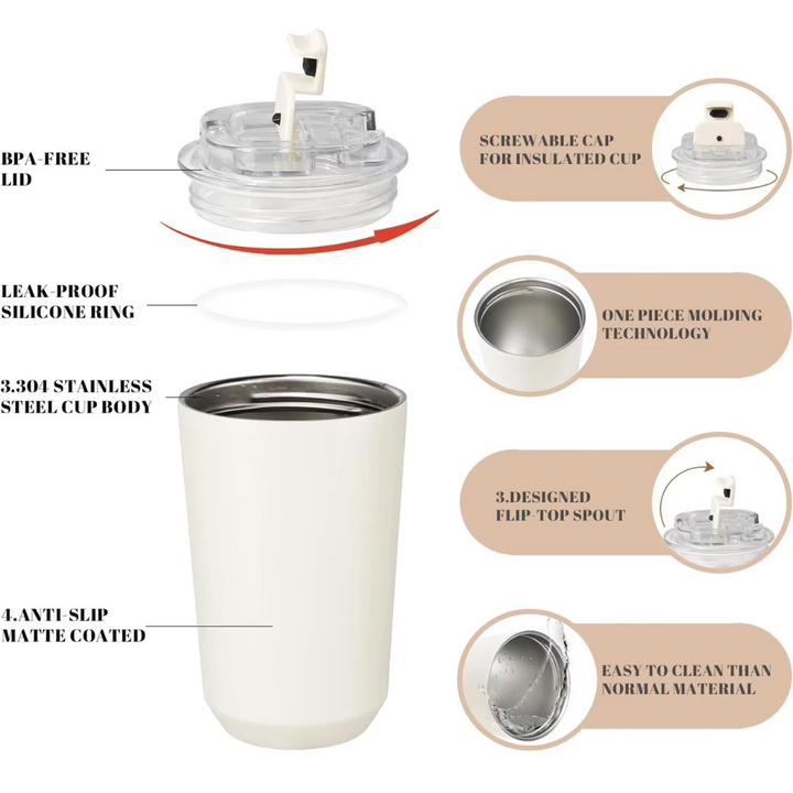 Durable milk white stainless steel insulated coffee mug, a versatile thermos flask for hot and cold beverages.