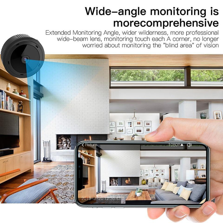 Wireless mini HD WiFi camera, perfect as a baby monitor, pet camera, or for home security with IR night vision.