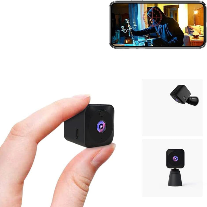 Mini 4K WiFi hidden indoor security camera with night vision, black casing, compact design.