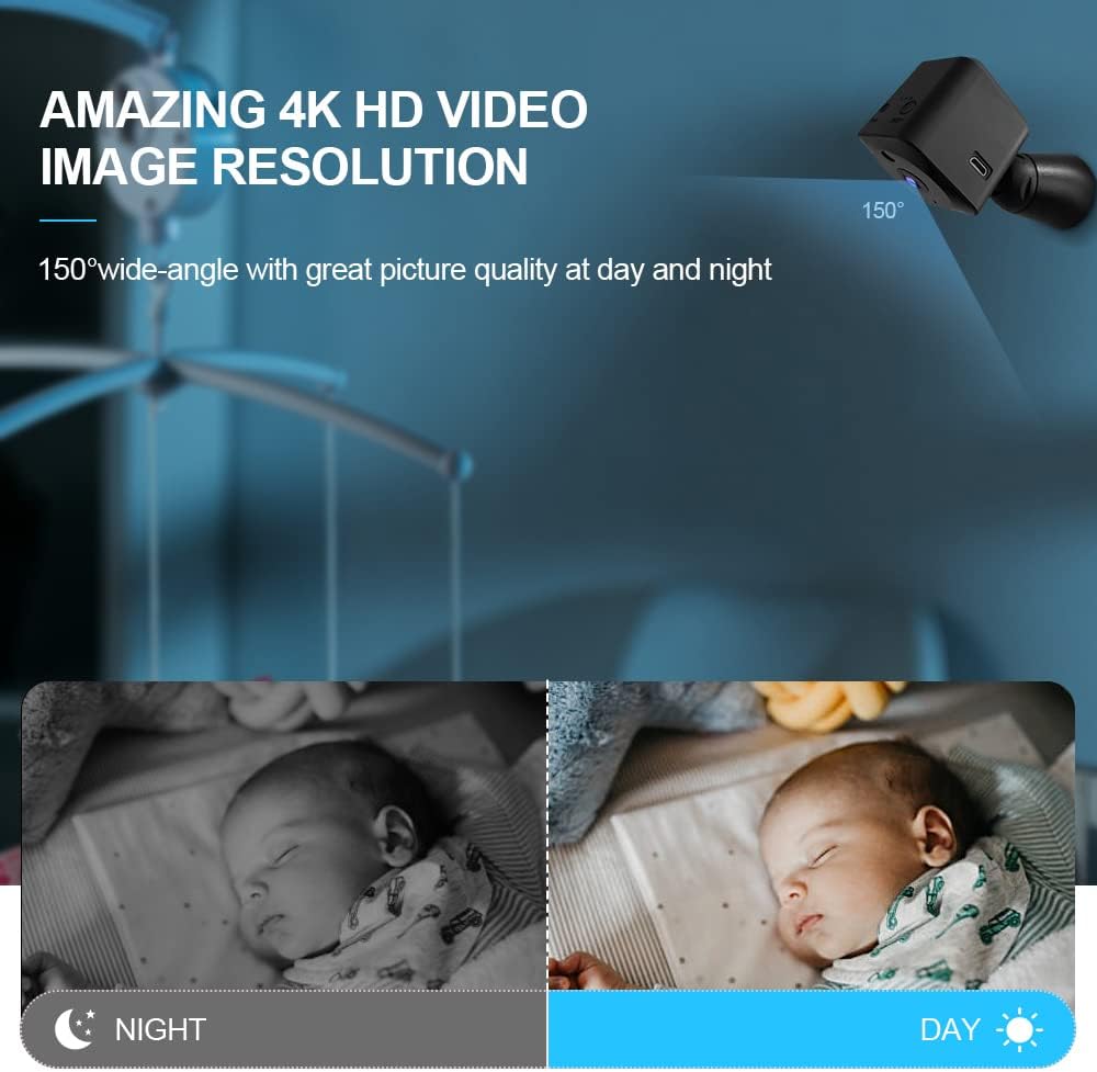 Tiny indoor hidden camera, 4K resolution, WiFi connectivity, integrated night vision.