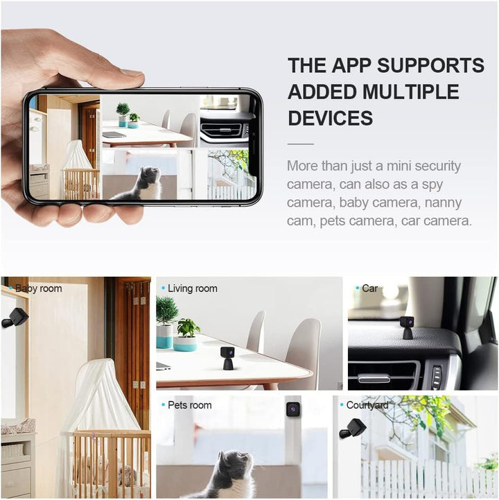 Indoor 4K WiFi security camera, mini size, with powerful night vision for 24/7 surveillance.