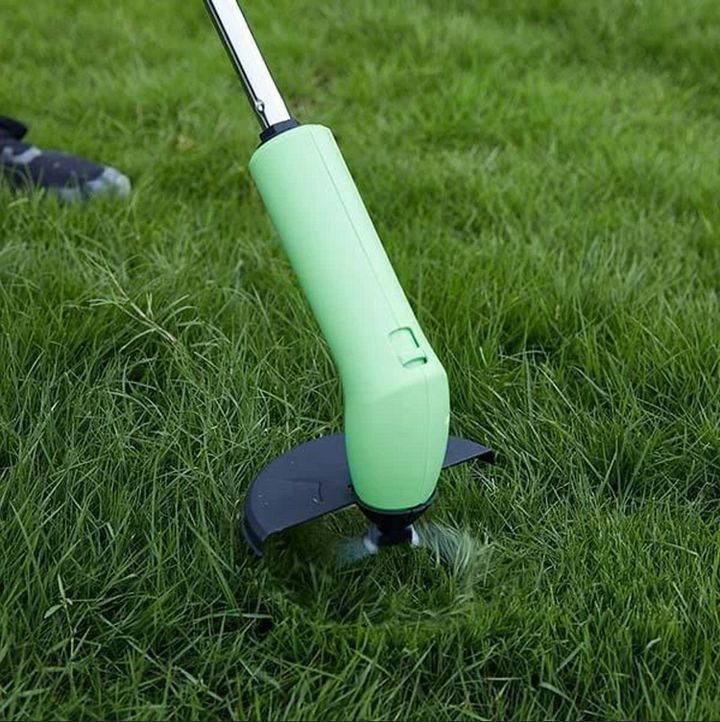 Compact cordless electric weed wacker, ideal for home garden lawn care. Lightweight, portable grass trimmer.