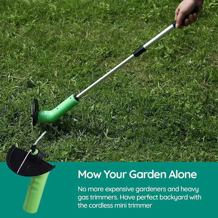 Ergonomic mini cordless weed trimmer making lawn care effortless. Portable electric grass cutter for home gardens.