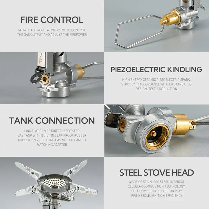Lightweight backpacking gas stove, essential hiking gear for preparing meals outdoors.