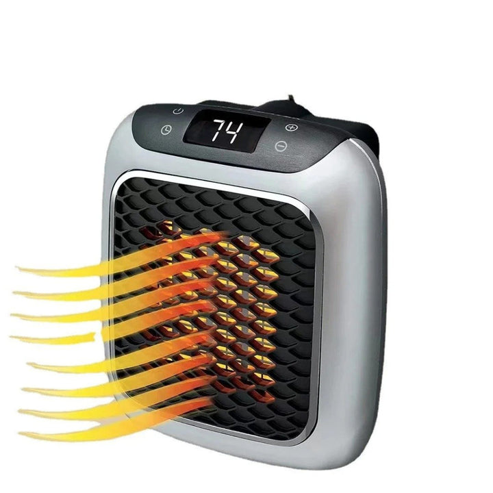 Portable wall plug mini space heater. Plugs directly into outlet, ideal for small personal spaces.