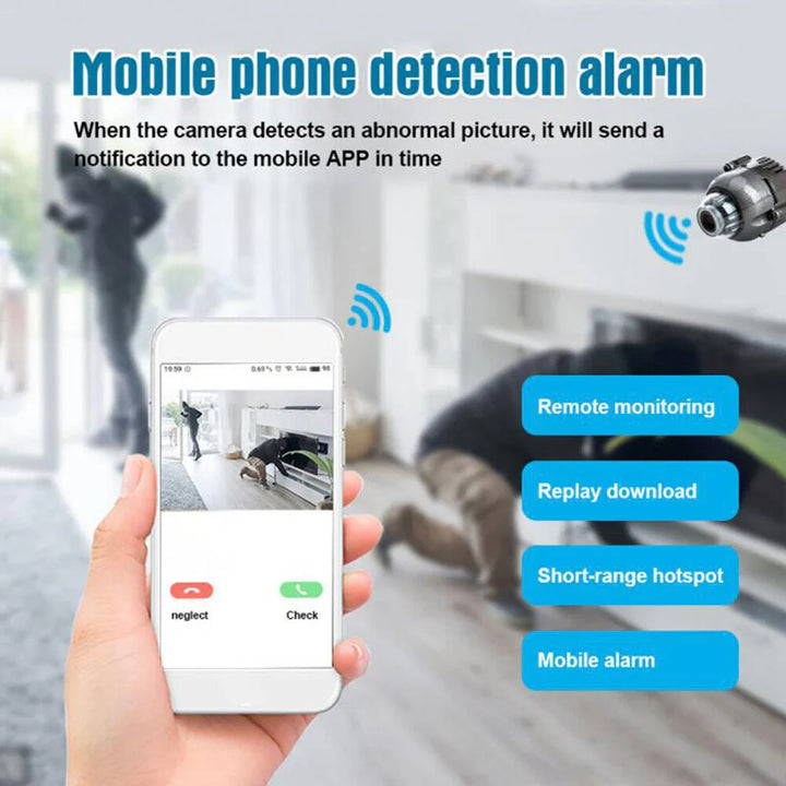 Tiny wireless security camera providing discreet 24/7 home surveillance with night vision.