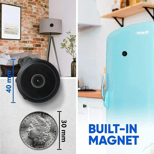 Versatile mini wireless magnetic security camera: live feed, HD video, audio, night vision, motion detection, app control.