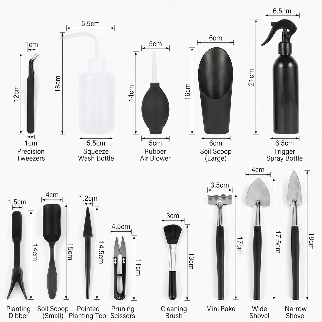 Miniature plant care tools set for indoor gardening, repotting small plants.