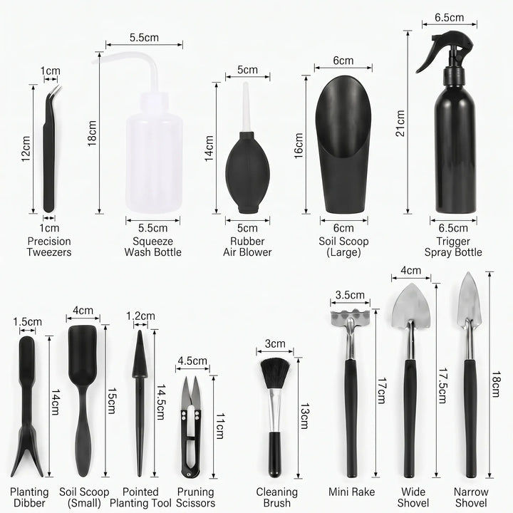Miniature plant care tools set for indoor gardening, repotting small plants.