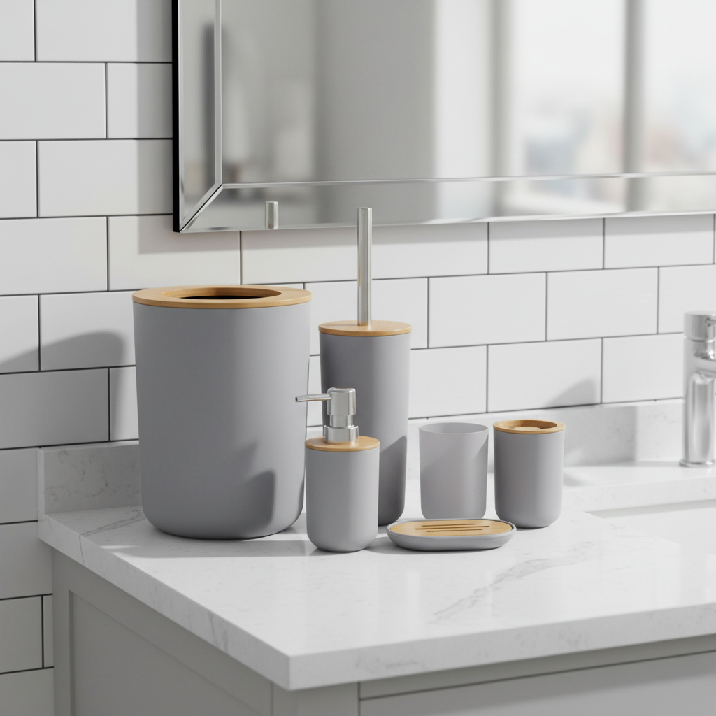 Minimalist 6-piece bamboo bathroom set for modern home decor, featuring sustainable accessories.