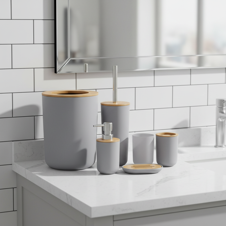 Minimalist 6-piece bamboo bathroom set for modern home decor, featuring sustainable accessories.
