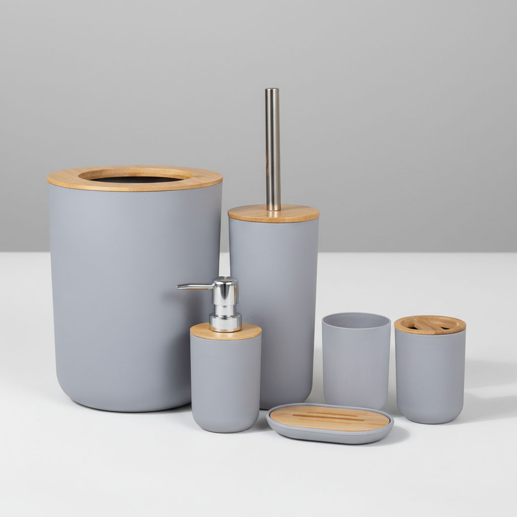 Eco-friendly 6-piece minimalist bathroom set with bamboo accents, perfect for organization.