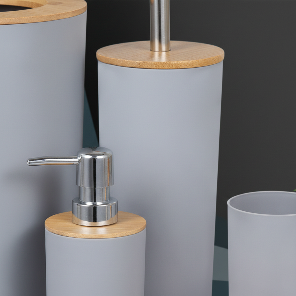 Stylish 6-piece bamboo bathroom accessories set, offering a modern and minimalist aesthetic.