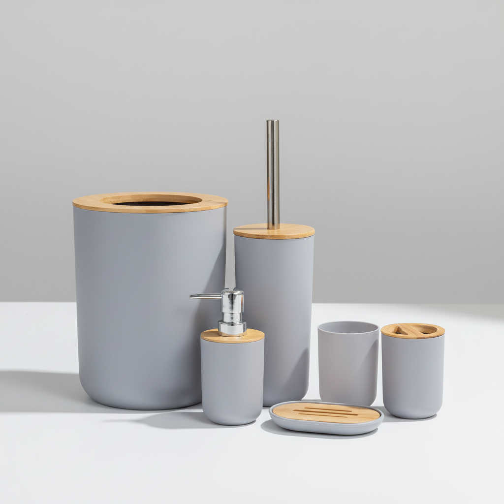 Sustainable bamboo 6-piece bathroom set, ideal for organizing and enhancing home decor.