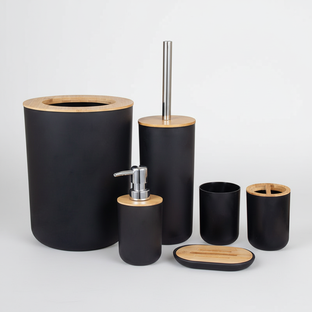 Unisex 6-piece minimalist bathroom set in bamboo, adding modern elegance to any bathroom.