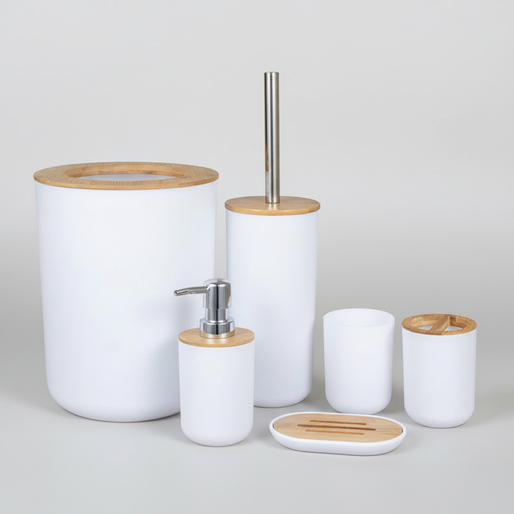 High-quality 6-piece bamboo bathroom set, providing sustainable and organized storage solutions.