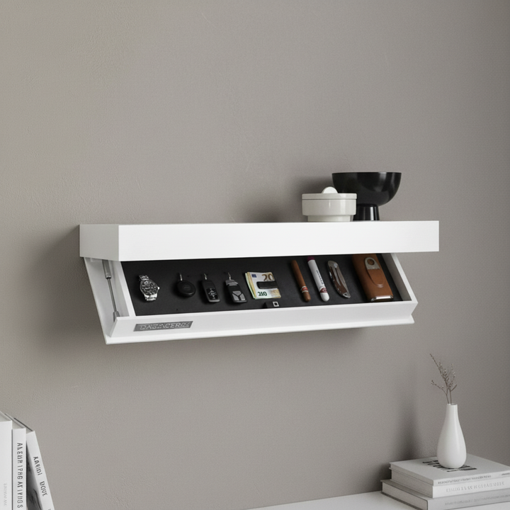 Minimalist black floating wall shelf with hidden storage, perfect for modern home organization.