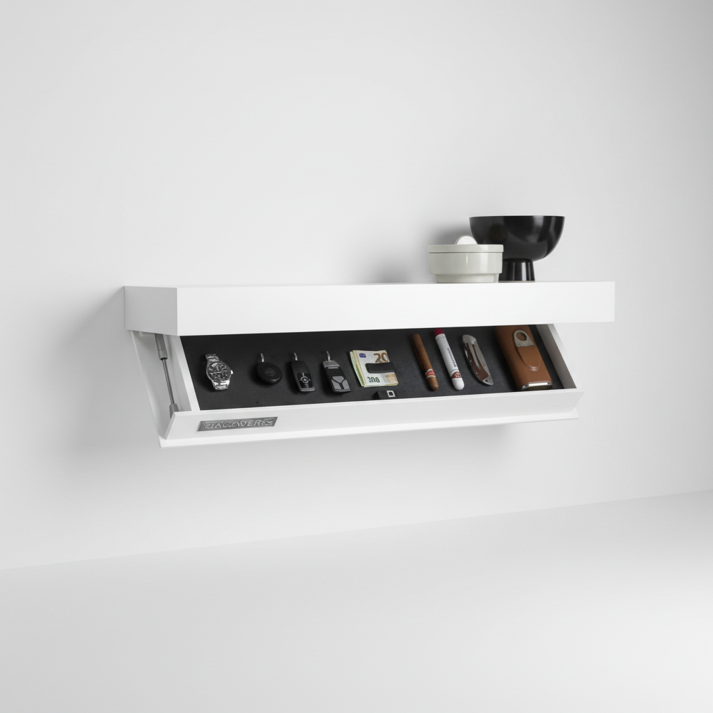 White space-saving wall shelf with hidden compartment, ideal for minimalist decor.