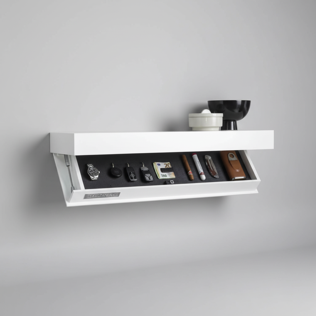 Sleek black FloatBox floating shelf, a functional minimalist decor piece with hidden storage.