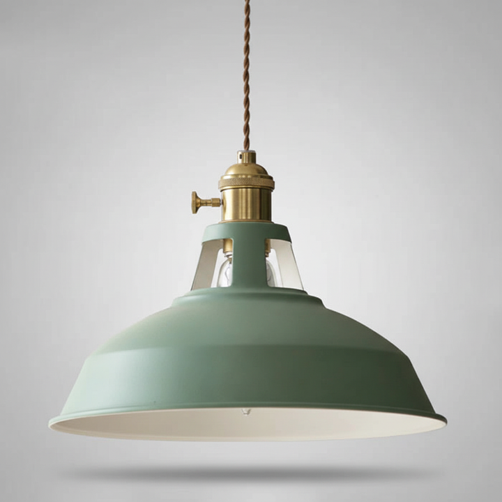 Minimalist metal pendant fixture, industrial aesthetic, ideal for stylish dining room interiors