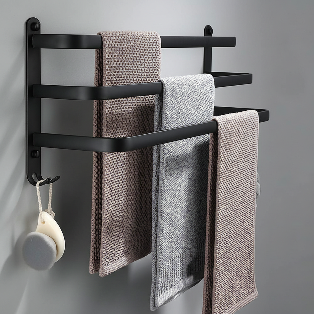 Durable wall-mounted metal towel holder for bathroom organization, holding a white towel.