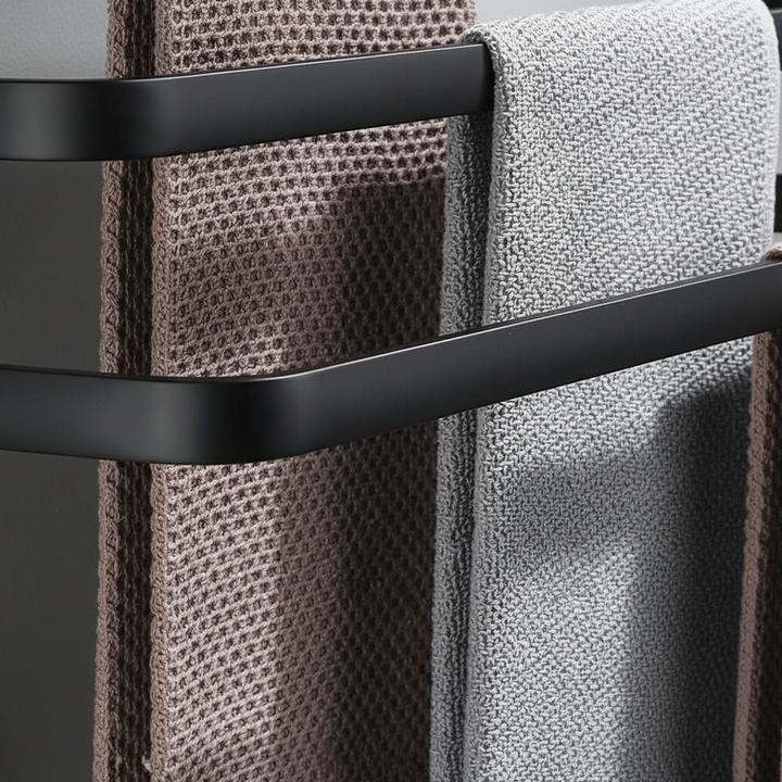 Sleek unisex metal towel holder, perfect for modern bathroom decor, space-saving wall mount.