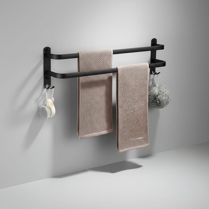 View of a sturdy wall-mounted metal towel holder, enhancing bathroom organization with style.