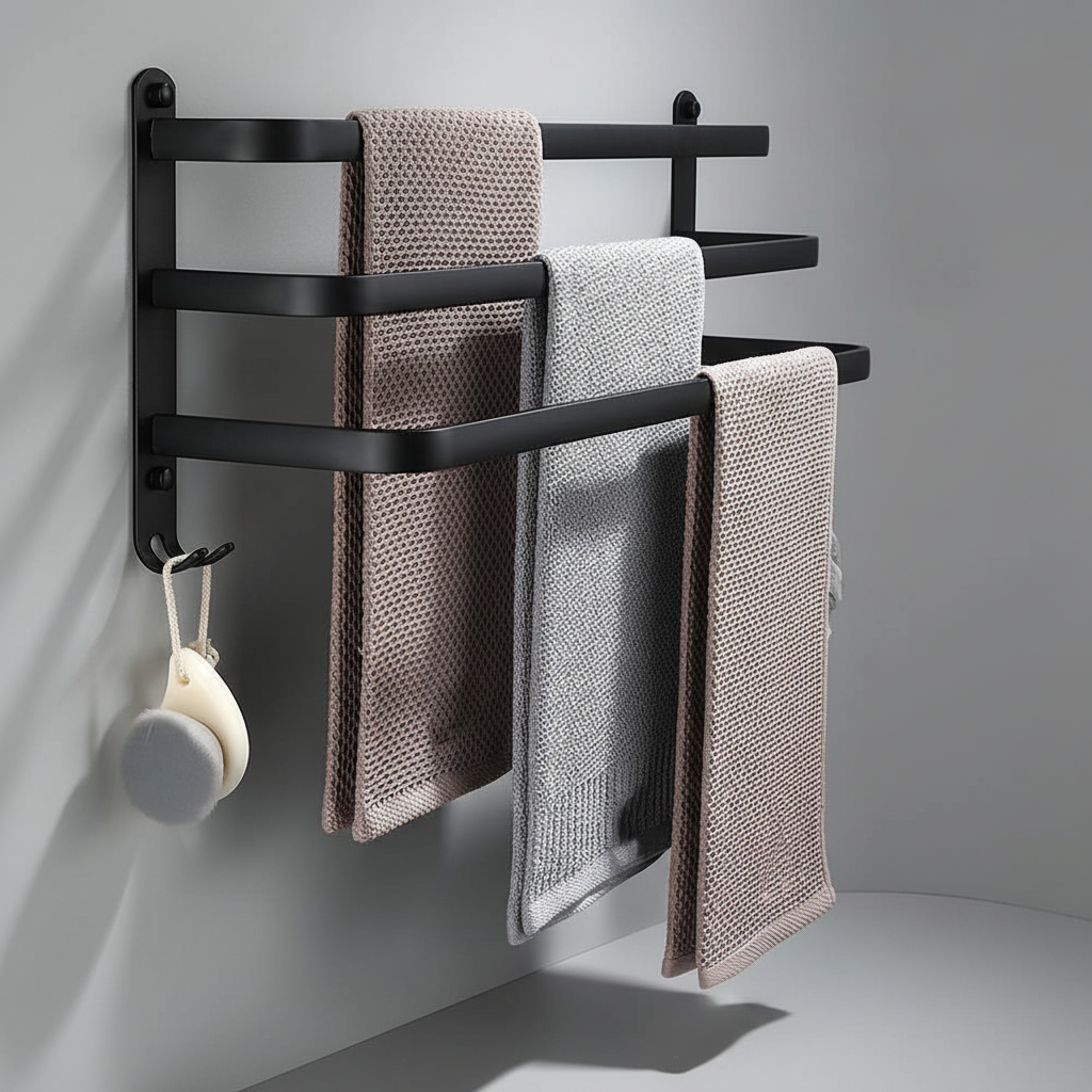 Close-up of a black metal towel holder, a durable and minimalist bathroom accessory.