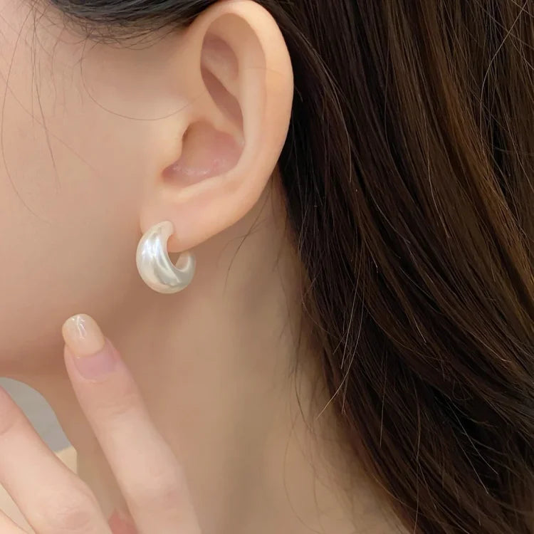 Minimalist C-shape pearl earrings for women, sterling silver, elegant & delicate everyday wear.