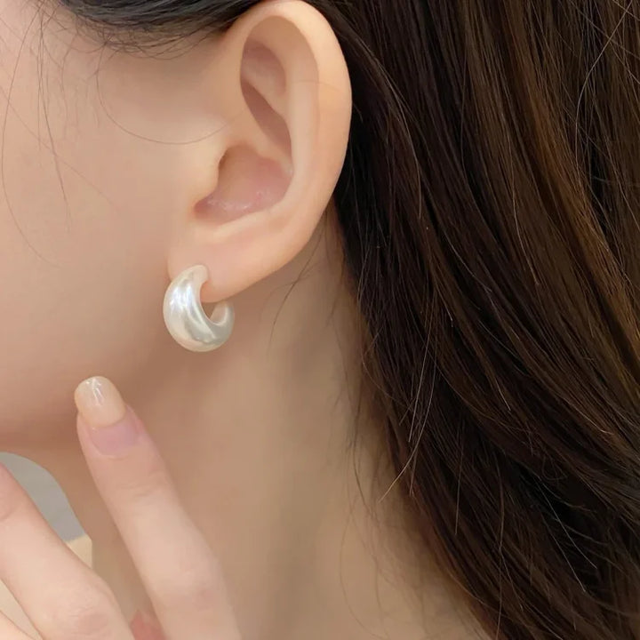 Minimalist C-shape pearl earrings for women, sterling silver, elegant & delicate everyday wear.