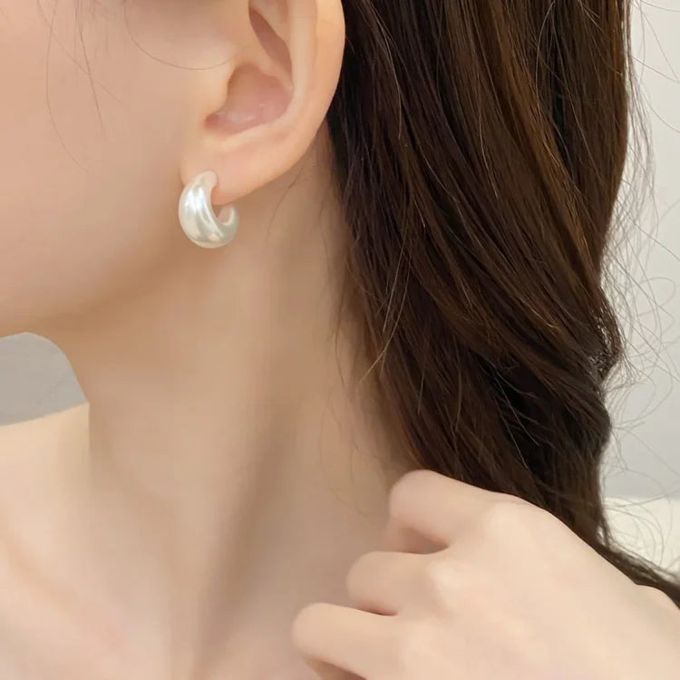 Stylish minimalist C-shape pearl earrings for women, sterling silver, ideal for daily and elegant wear.