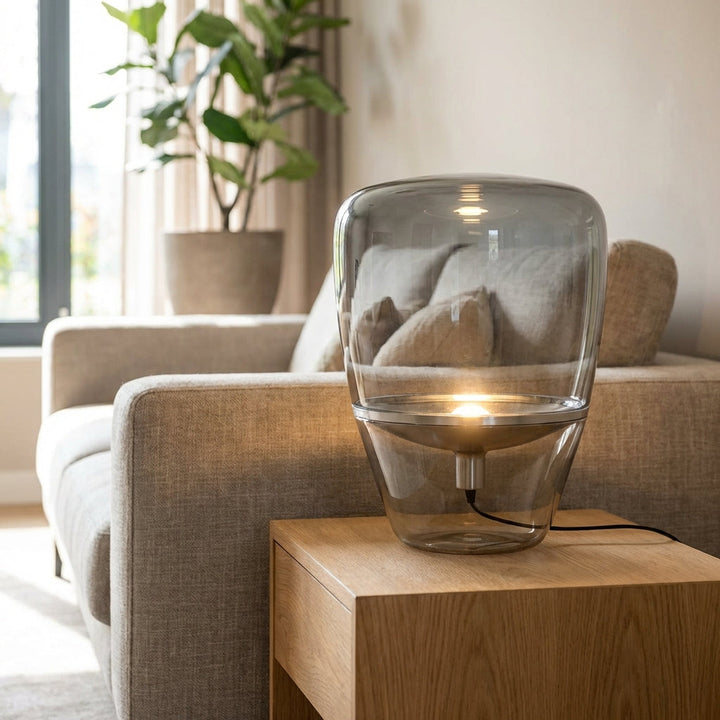 Minimalist clear glass table lamp with warm LED for modern Scandinavian home decor, Nordella.