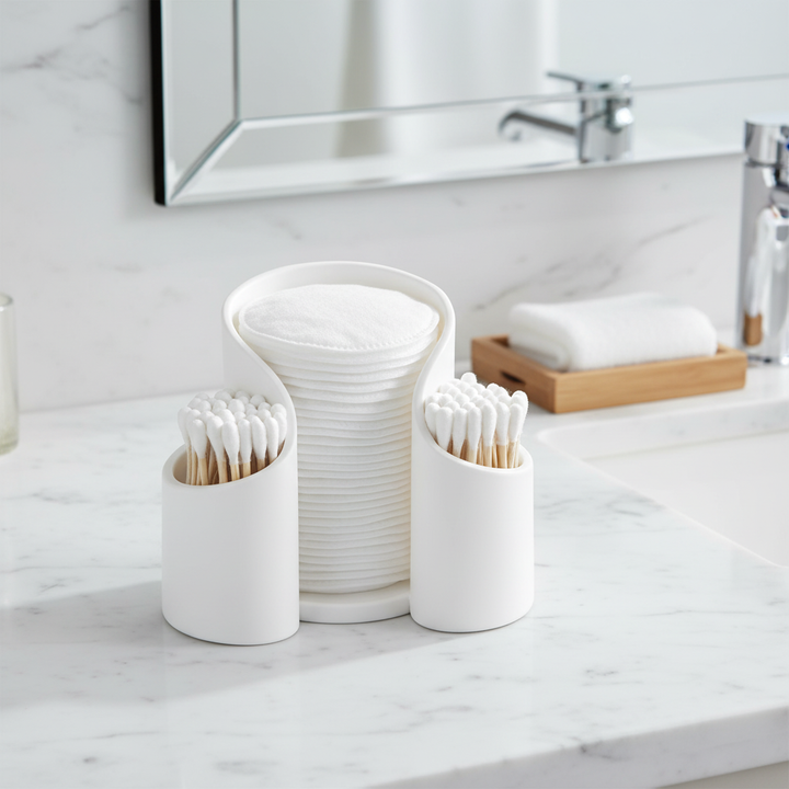 Minimalist clear plastic bathroom organizer for cotton pads and swabs, vanity storage solution.