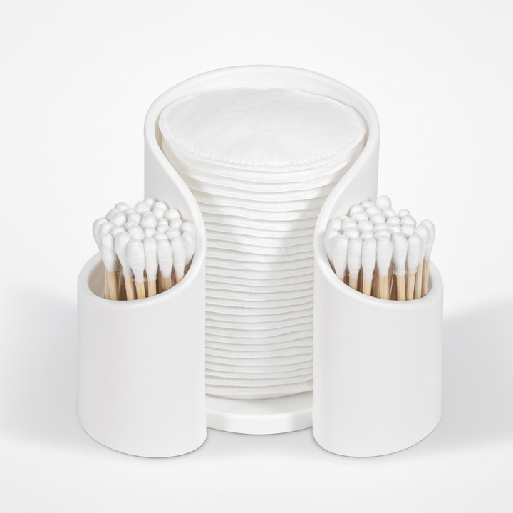 Modern bathroom organizer for hygiene items, clear plastic design for cotton pads and swabs.