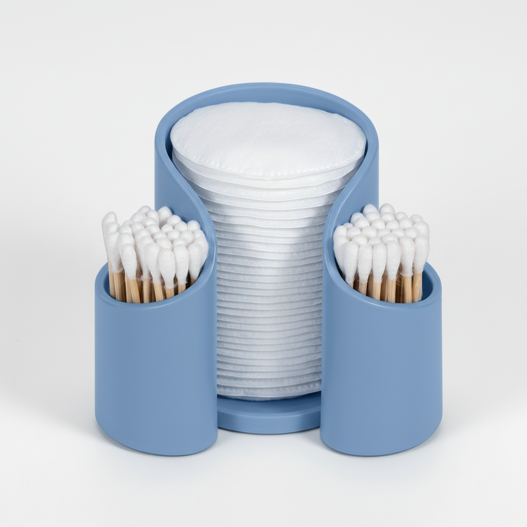 Minimalist CareCube storage solution for cotton pads and swabs, ideal for tidy bathroom vanity.
