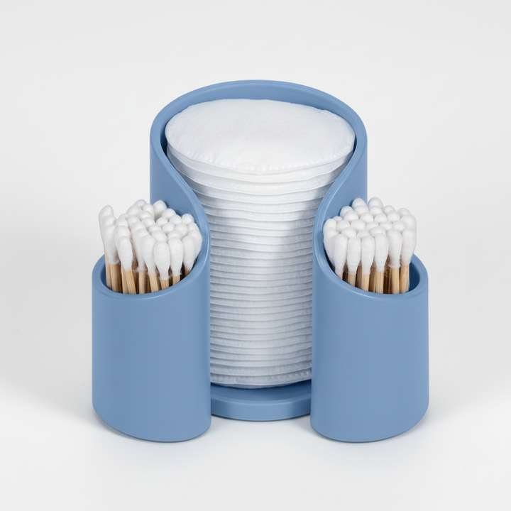 Minimalist CareCube storage solution for cotton pads and swabs, ideal for tidy bathroom vanity.