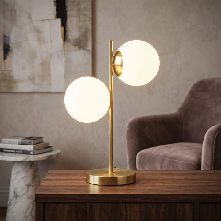 Minimalist Dual Globe Table Lamp Globerra with frosted glass spheres for ambient bedroom lighting